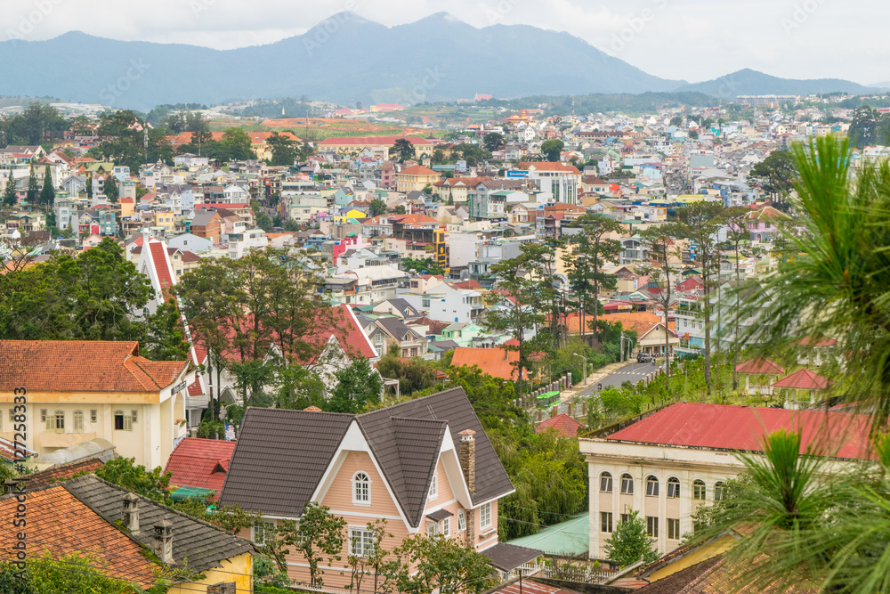 Roofs of Da Lat mountain city view, Vietnam