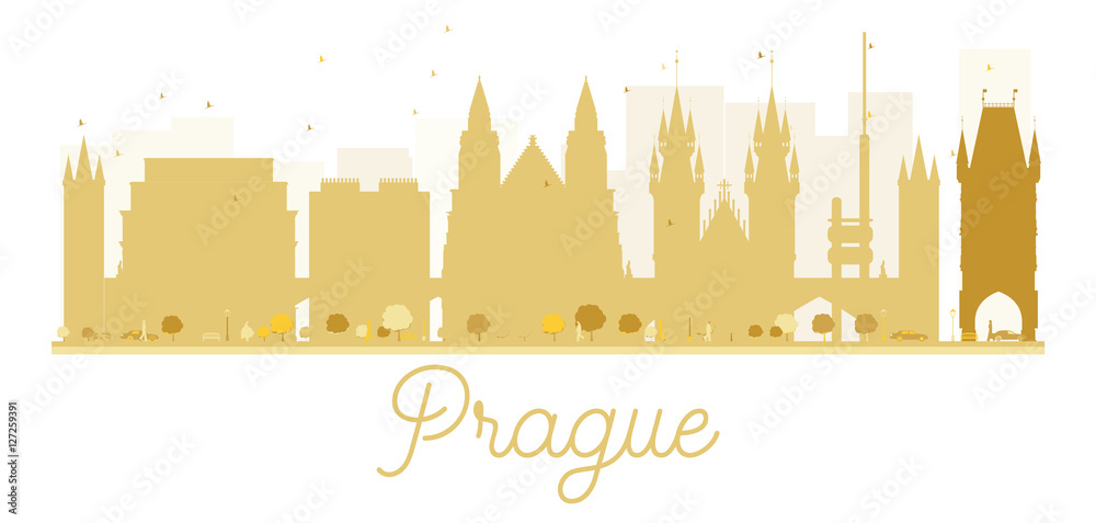 Prague City skyline golden silhouette.