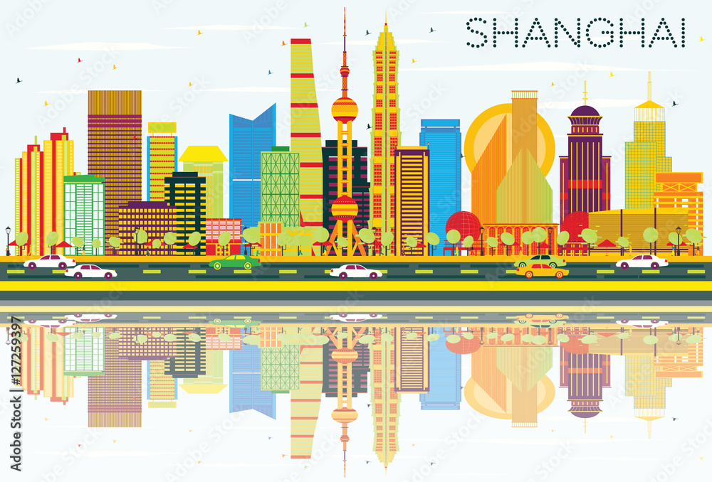 Abstract Shanghai Skyline with Color Buildings, Blue Sky and Reflections
