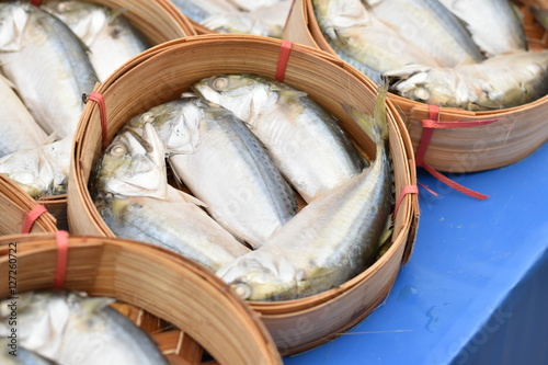 Mackerel fish in bamboo basket at the market Thailand. Image has shallow depth of field.