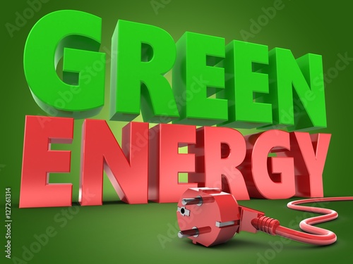 3d illustration of green energy sign over green background with power cord © Maxim_Kazmin