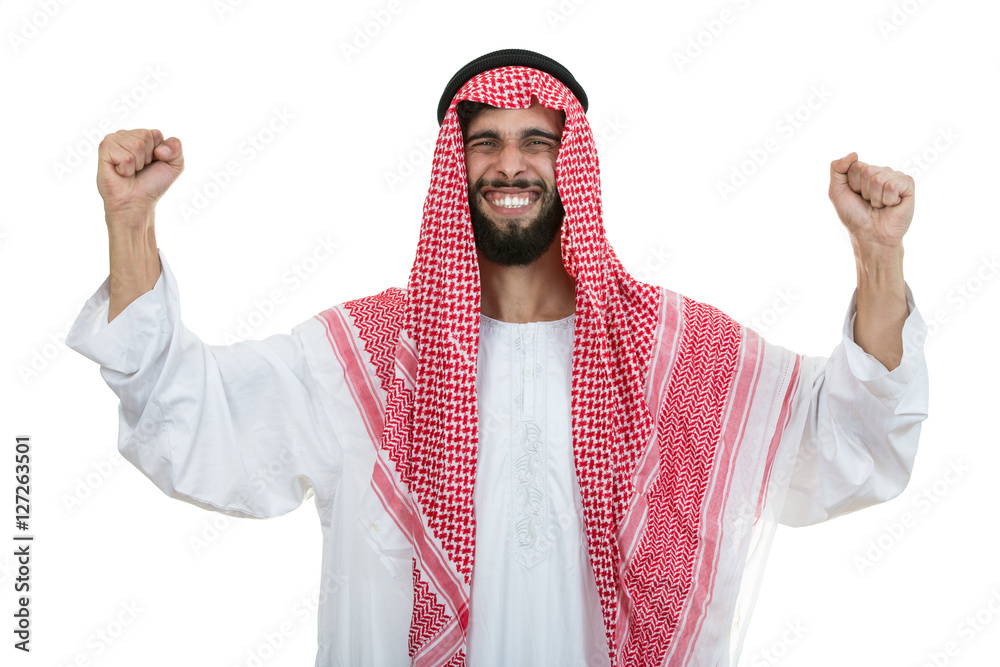 An arab person with a thumbs up isolated on white background