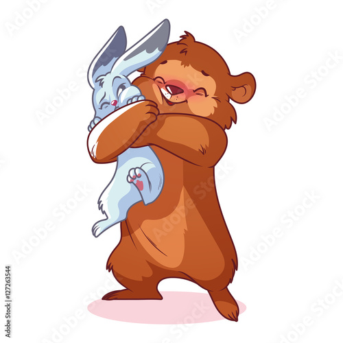 Cute bear hugs rabbit.