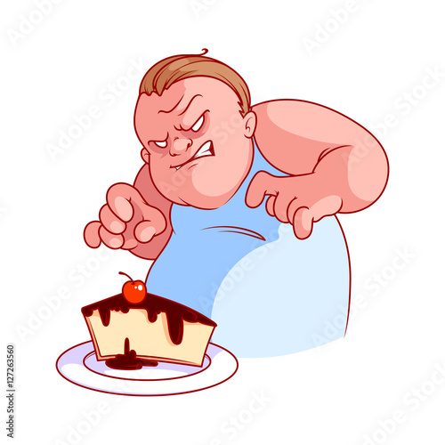 Very hungry and evil fat man with cheesecake.