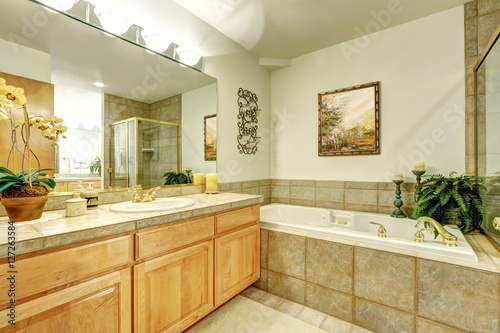 Luxury bathroom with marble tile and large vanity cabinet.