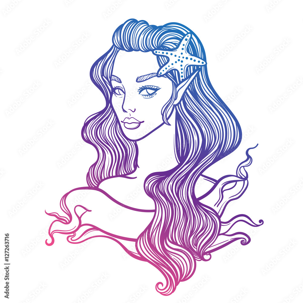 cute vector art card with little princess mermaid. Girl with starfish in hair. linear tattoo illustration cute vector art card with little princess mermaid. Girl with starfish in hair. linear tattoo illustration