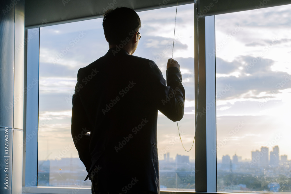 Silhouette of a Businessman looking city through window