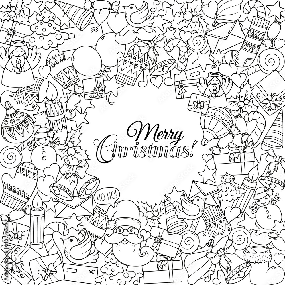 Merry christmas set of xmas monochrome pattern and text templates. Ideal for holiday greeting cards, print, coloring book page or wrapping paper.