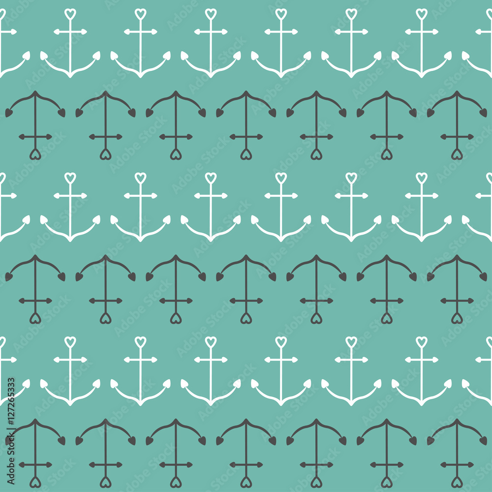 Ship anchor in shapes of heart. Nautical sign symbol. Seamless Pattern Wrapping paper, textile template. Blue background. Flat design.