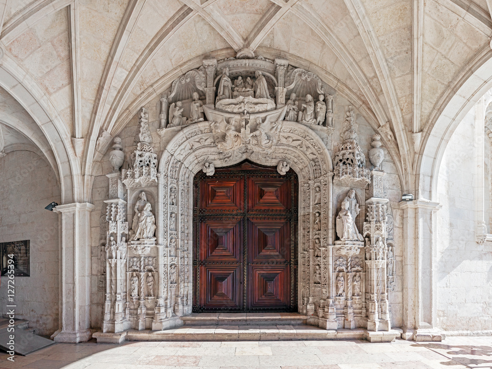 South Portal of the Jeronimos Monastery in Lisbon, Portugal. A UNESCO World Heritage Site it stands as the best example of the Manueline art.