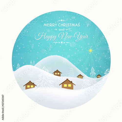 New Year Christmas greeting card template round cutout. Winter snow village mountains forest valley scenic landscape. Rural chalet houses glowing windows. North Star. Bethlehem Star. Bright blue sky.