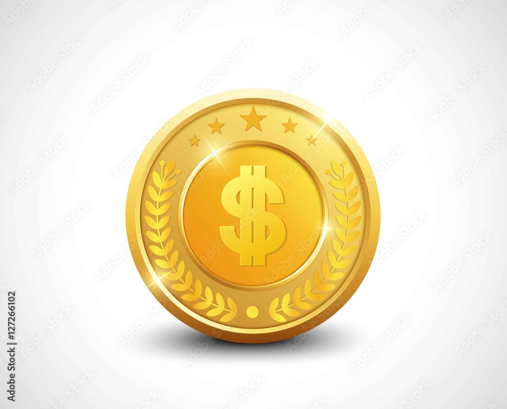 Golden coin dollar sign with stars and laurel wreath Golden coin dollar sign with stars and laurel wreath