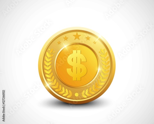 Golden coin dollar sign with stars and laurel wreath
