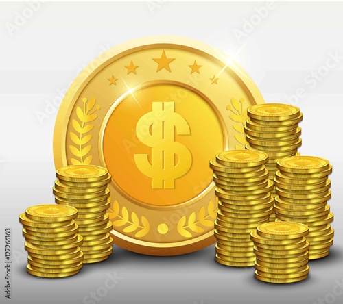 Golden coins with dollar sign and stacks of gold coin