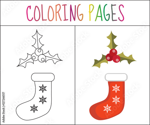 Coloring book page. Christmas sock and holly. Sketch and color version. Coloring for kids. Vector illustration