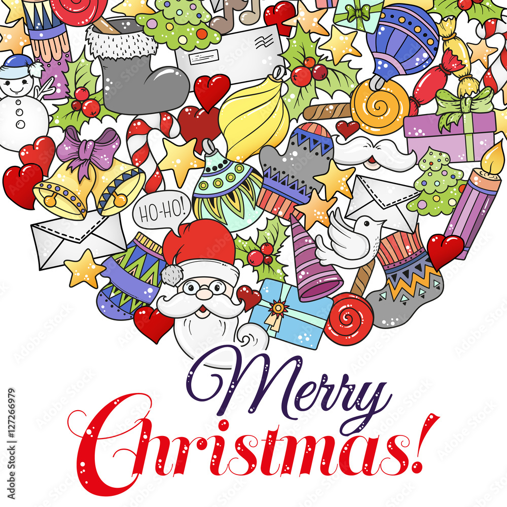 Obraz premium Merry christmas set of xmas colorful pattern and text templates. Ideal for holiday greeting cards, print, coloring book page or wrapping paper.