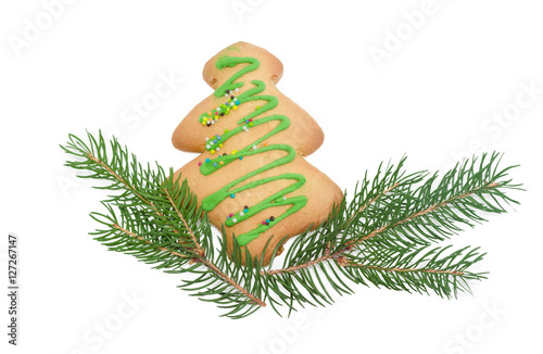 Cookie in form of Christmas tree and two fir branches