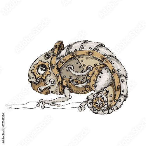 Steam punk color mechanical chameleon on  white background