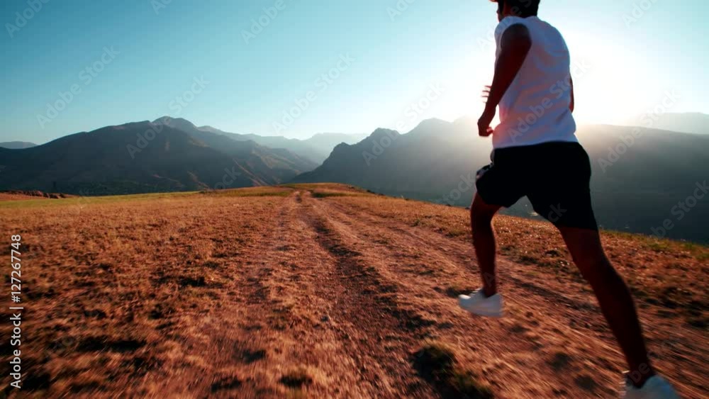 mountain landscape Asian running man Jogging in the morning slow motion
