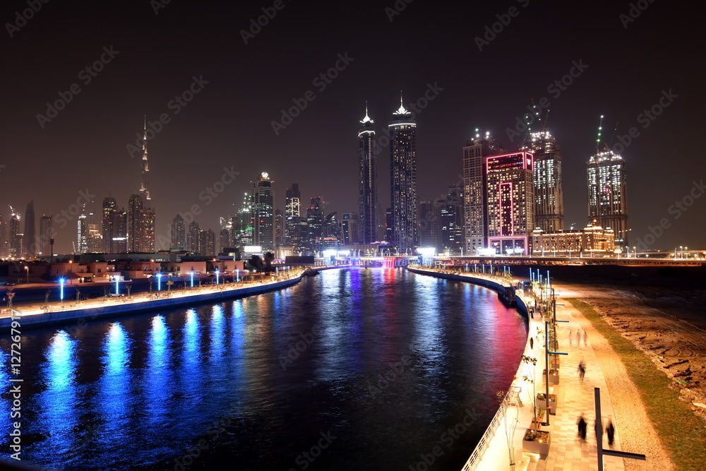 Dubai Skyline at night from new Dubai Canal, U.A.E Dubai Skyline at night from new Dubai Canal, U.A.E