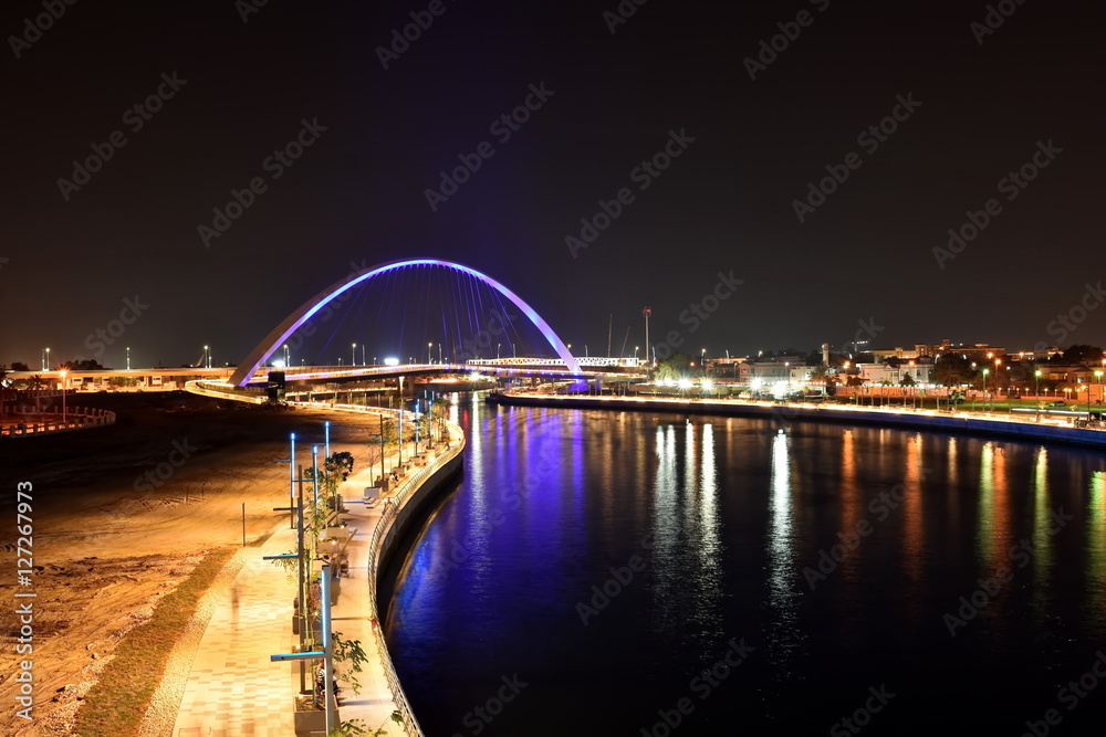 Fototapeta premium Dubai Skyline at night from new Dubai Canal, U.A.E