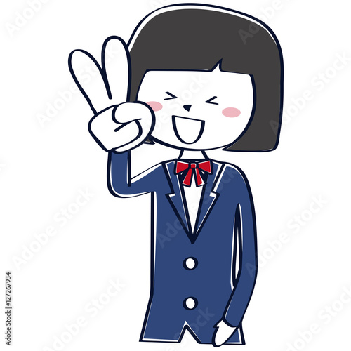 紺色のブレザーの学生　上半身　女子　学生　生徒 おかっぱ　Ｖサイン　