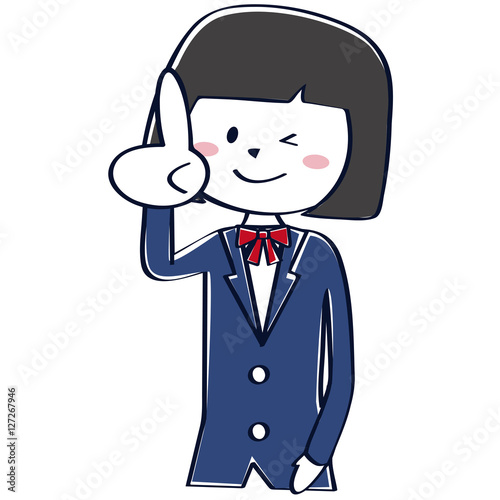 紺色のブレザーの学生　上半身　女子　学生　生徒 おかっぱ　指差し