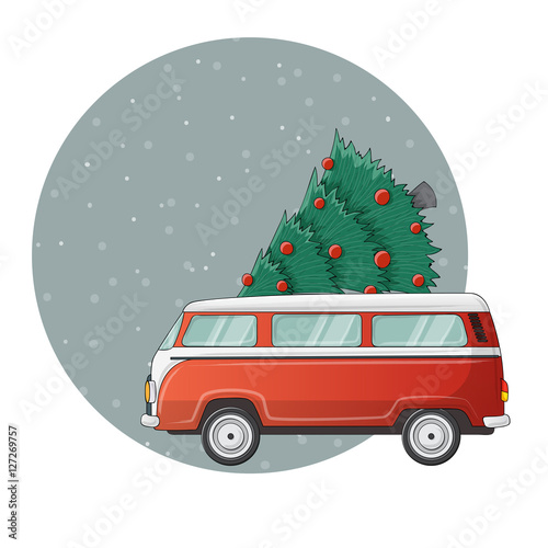 Red camper truck illustration with Christmas tree on top. Snowfall background