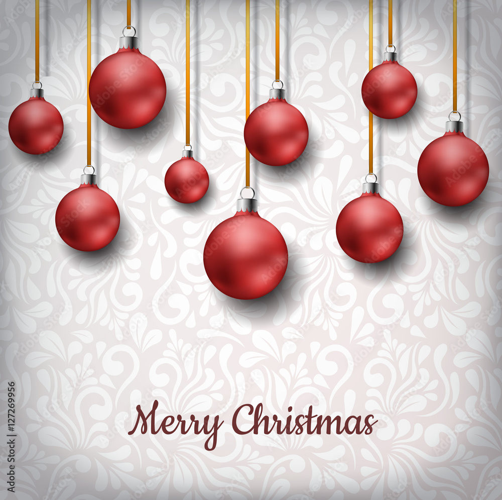 Red Christmas balls hanging in front of floral pattern background. Vector illustration for Christmas Red Christmas balls hanging in front of floral pattern background. Vector illustration for Christmas