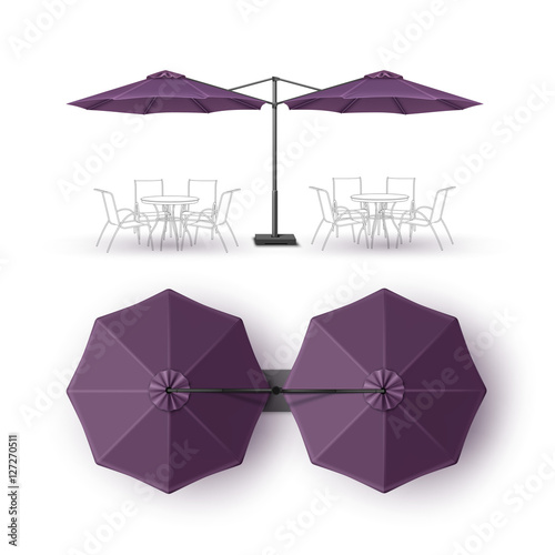 Vector Violet Purple Blank Patio Double Outdoor Beach Cafe Bar Pub Lounge Restaurant Round Umbrella Parasol  for Branding Top Side View Mock up Close up Isolated on White Background