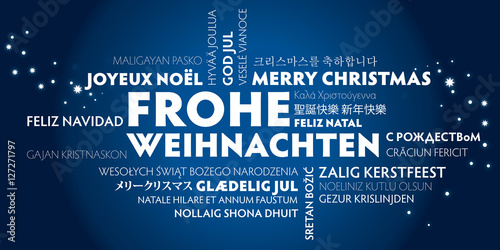 blaue Weihnachtskarte Frohe Weihnachten übersetzt in viele Sprachen