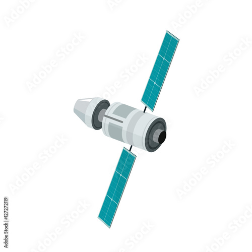 Space station isolated vector illustration on white background, flat style satellite flying