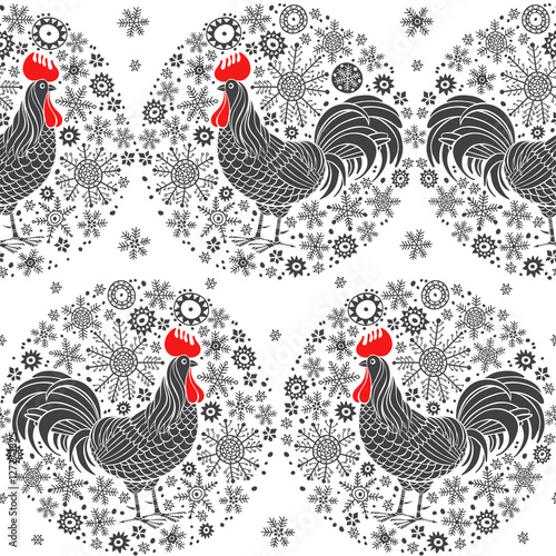 Seamless vector pattern with rooster silhouette and snowflakes on a white background. Rooster- animal symbol of new year 2017. 