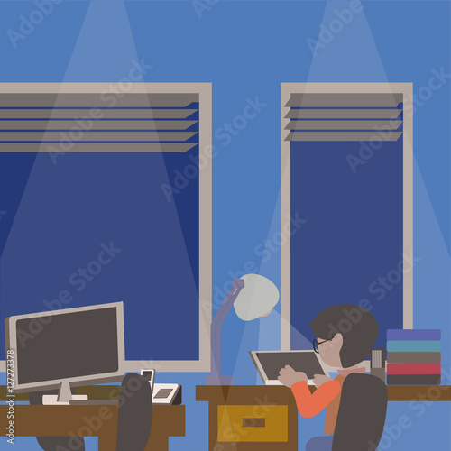 Working Overtime Late At Night, Alone in The Office