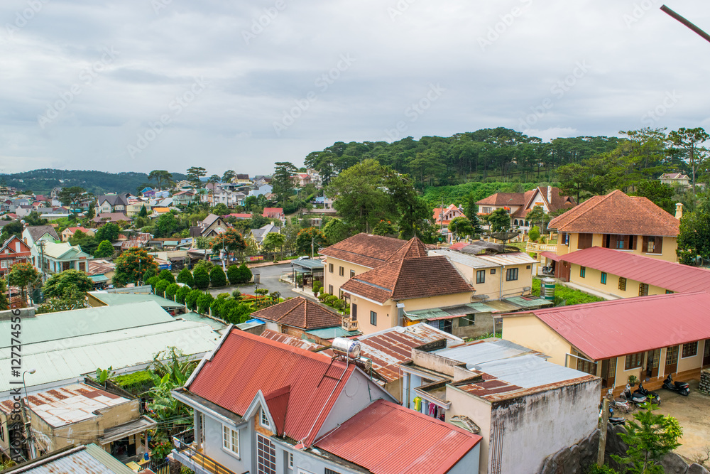 Roofs of Da Lat mountain city view, Vietnam