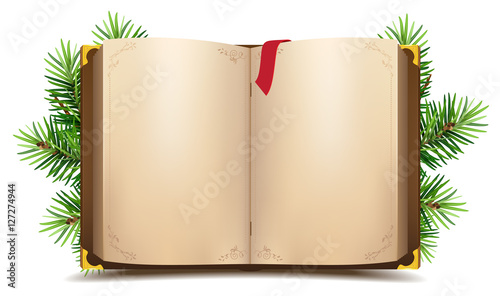 Open book with blank pages and red bookmark. Green Christmas pine branch