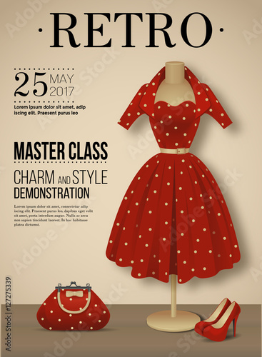 Retro fashion poster with polka dot dress, vector illustration