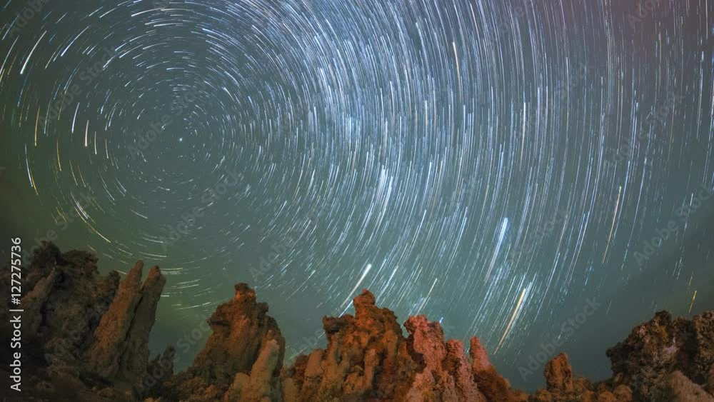 Polaris Star Trails Night Sky Over Mono Lake Rocks