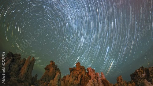 Polaris Star Trails Night Sky Over Mono Lake Rocks photo