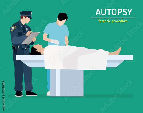 Flat illustration. The autopsy of the murder victim. Forensic procedure.