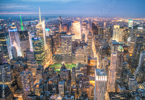Aerial night view of Manhattan from rooftop