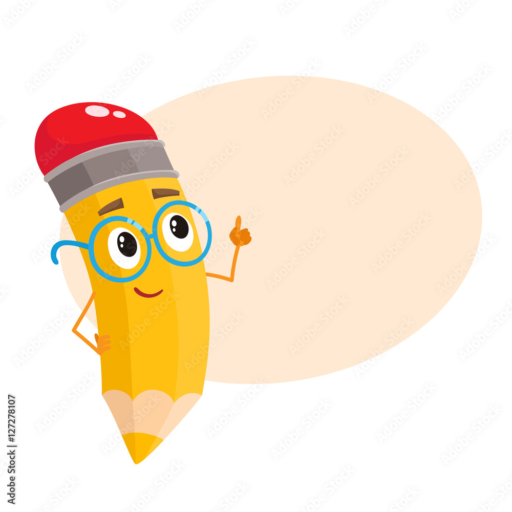 Yellow cartoon pencil in glasses telling something clever and pointing ...