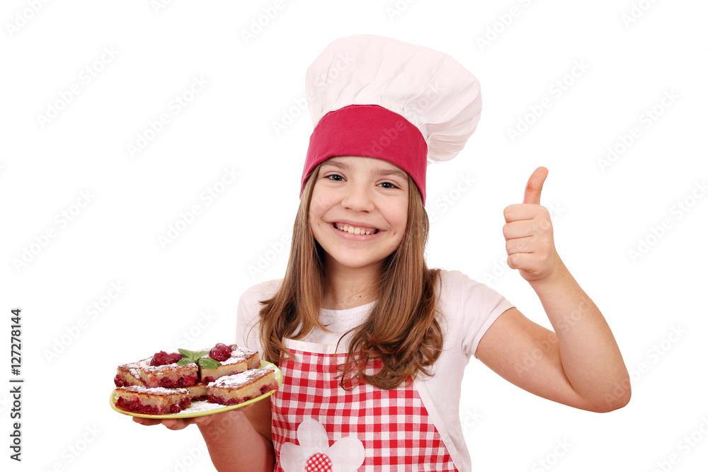 happy little girl cook with homemade pie and thumb up happy little girl cook with homemade pie and thumb up