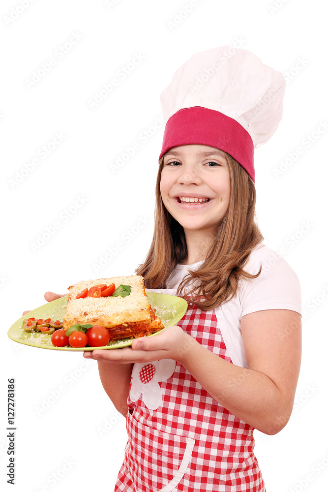happy little girl cook with tasty Italian lazagne happy little girl cook with tasty Italian lazagne