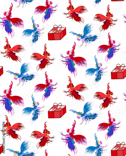 Silhouette of a rooster .  Cock sketch, hand drawing. Symbol of New Year 2017. Illustration for a  wrapping paper,  wallpaper. Christmas background. Seamless vector pattern.