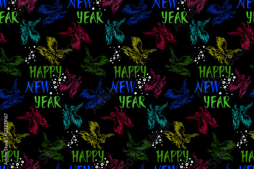 Silhouette of a rooster .  Cock sketch, hand drawing. Symbol of New Year 2017. Illustration for a  wrapping paper,  wallpaper.  Christmas background. Seamless vector pattern.