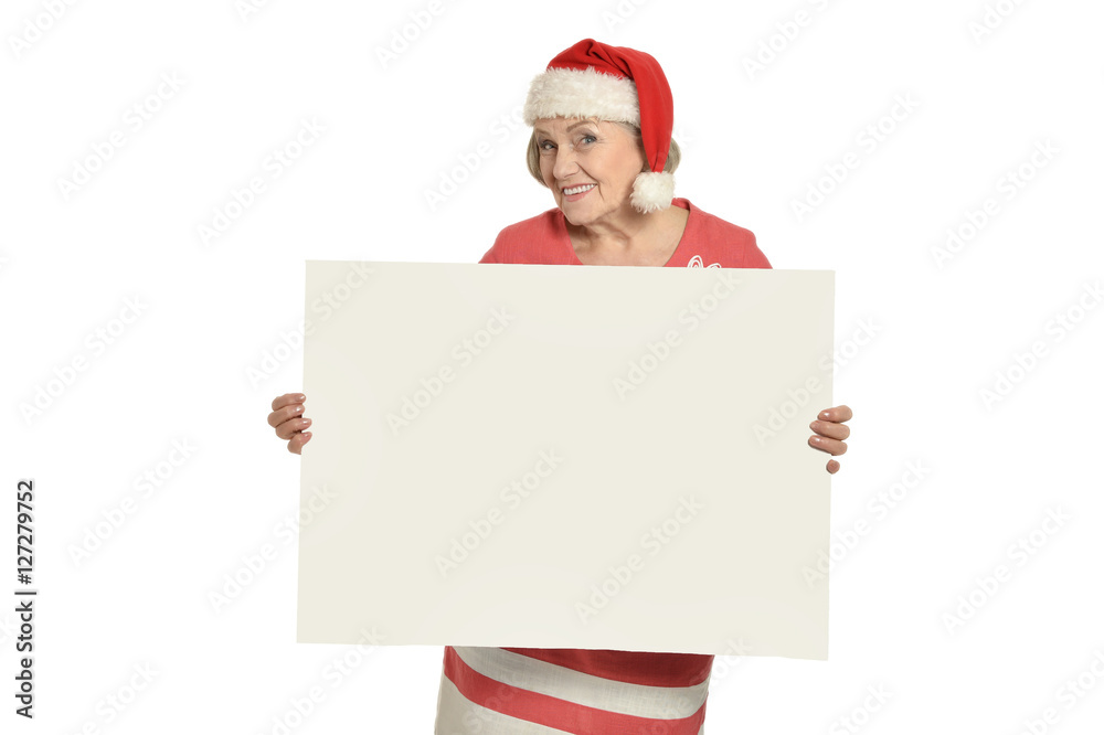 Senior woman holding white blank Senior woman holding white blank