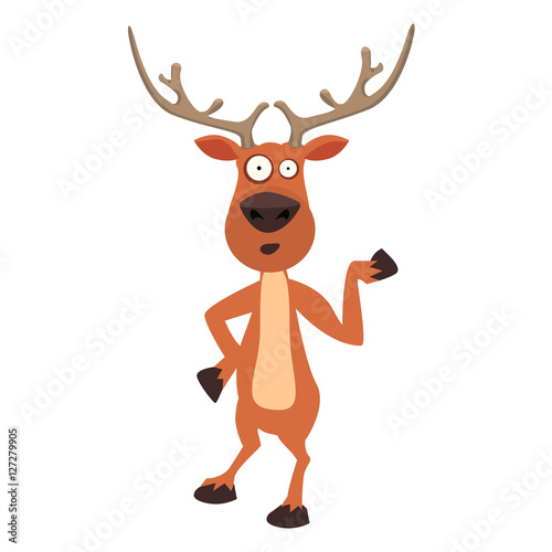 Cute moose, funny cartoon reindeer character showing with hand.