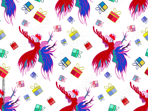 Silhouette of a rooster .  Cock sketch, hand drawing. Symbol of New Year 2017. Illustration for a  wrapping paper,  wallpaper. Christmas background. Seamless vector pattern.