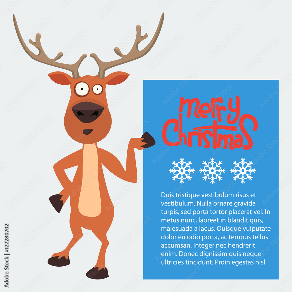 Fototapeta premium Reindeer cartoon showing or holding blank billboard.